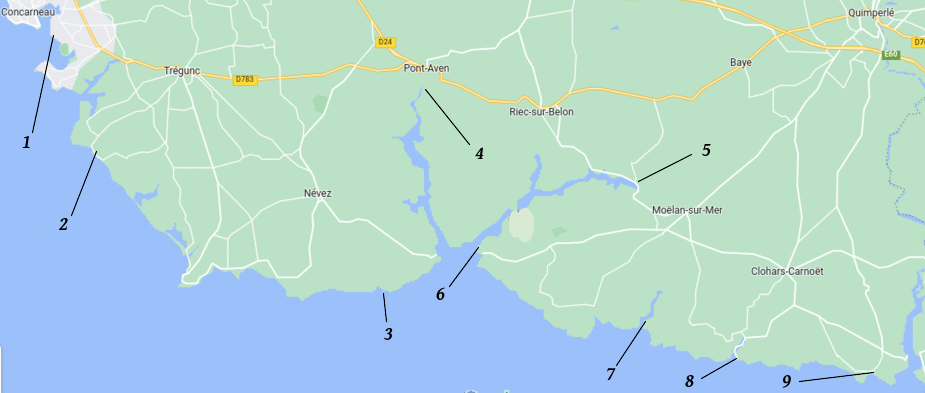 Map showing suggested walks in south Finistere.